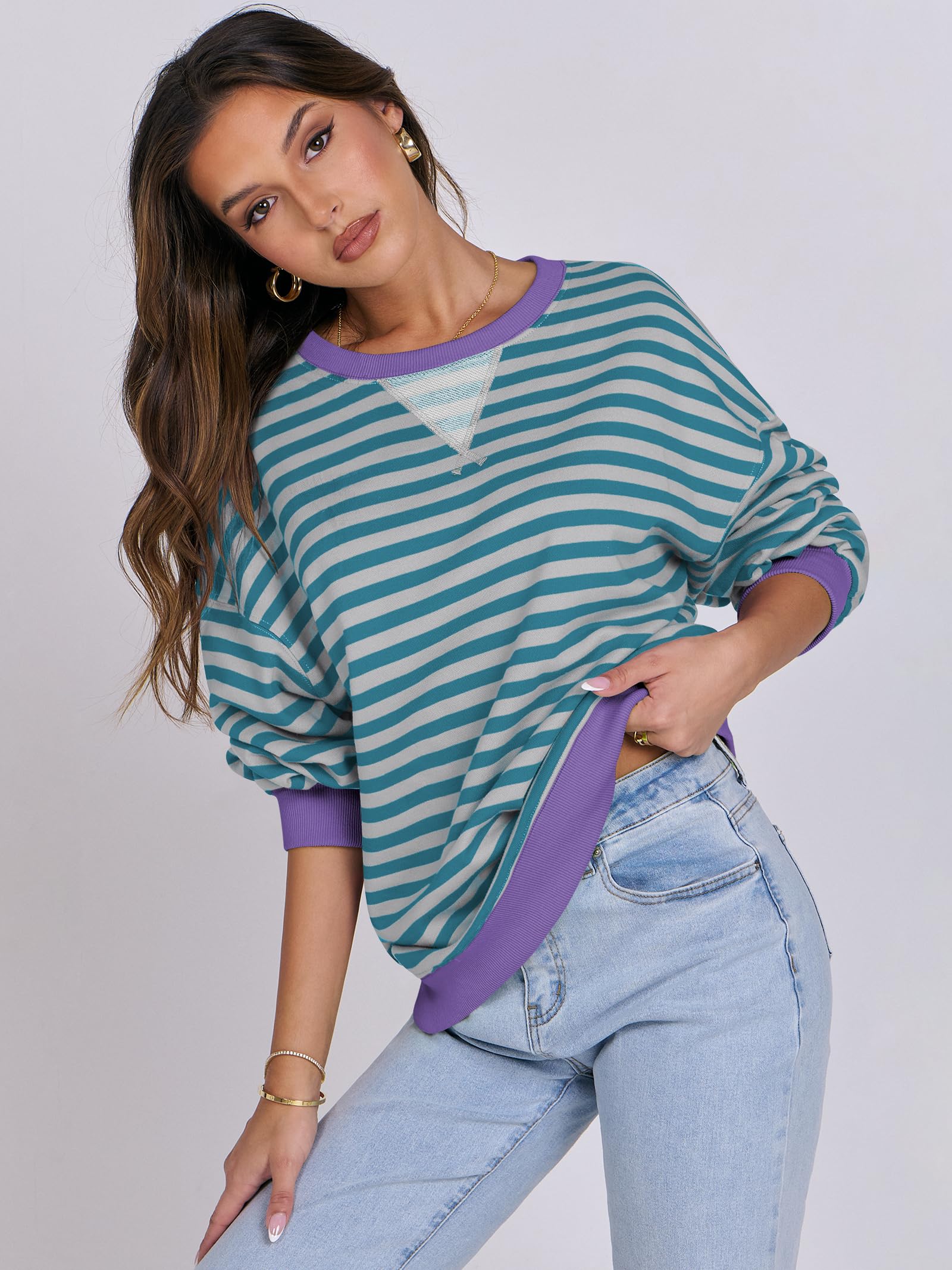 Women Striped Oversized Sweatshirt Long Sleeve